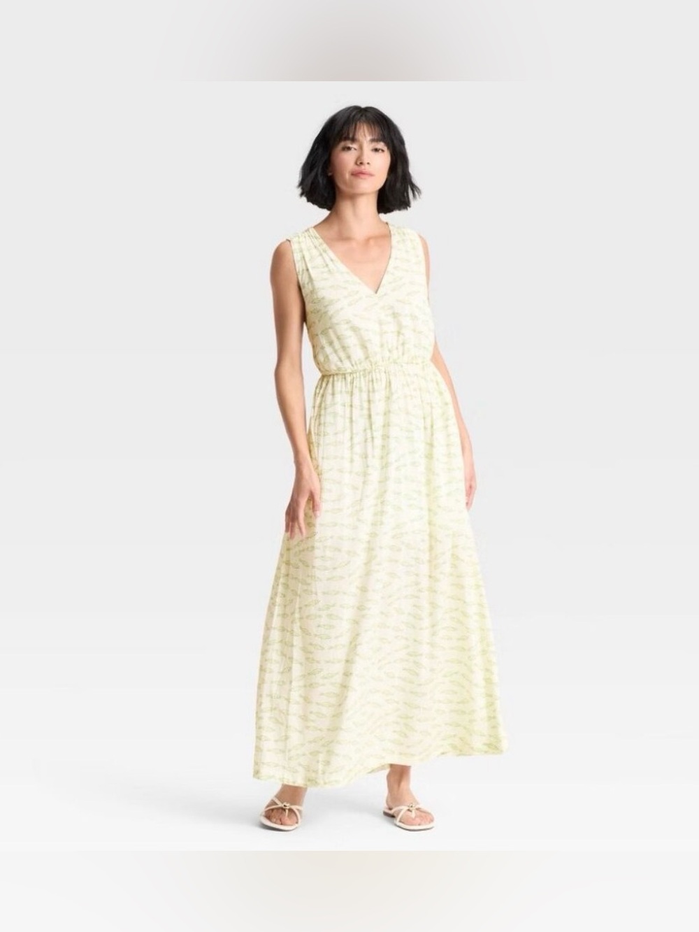 A New Day Cream Yellow Coastal Print Open Back Maxi Sundress V Neck M